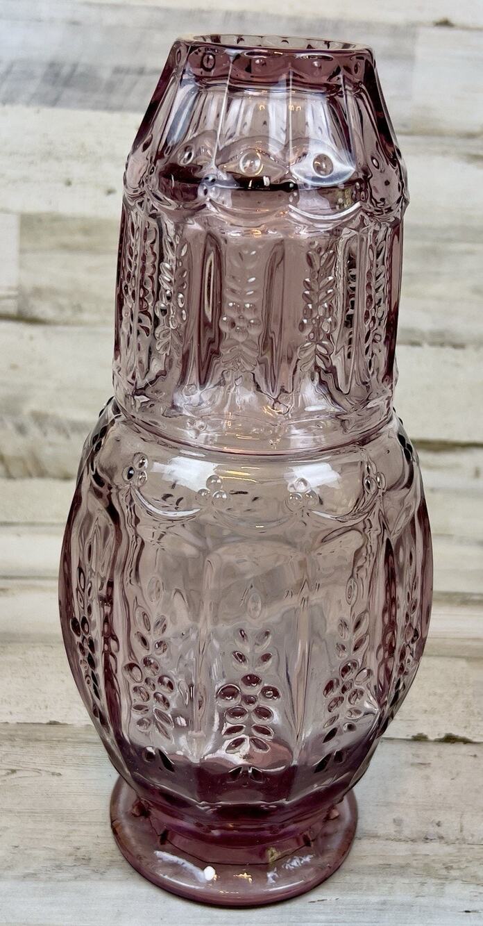 Elle Decor Purple Glass Bedside Water Carafe & Tumbler Set Embossed Floral Zanzl